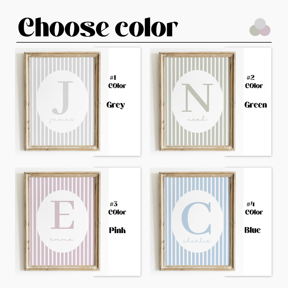 1pc Personalization Custom Striped Monogram Kids Name Wall Art Framed Print Picture Living Room Kids Room Home Decor Gift