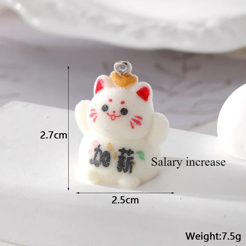 20Pcs 3D Cute Flocked Lucky Cat Charms Cartoon Animal Cat Resin Pendant For Phone Bag Keychain Necklace Earring DlY Jewelry Make