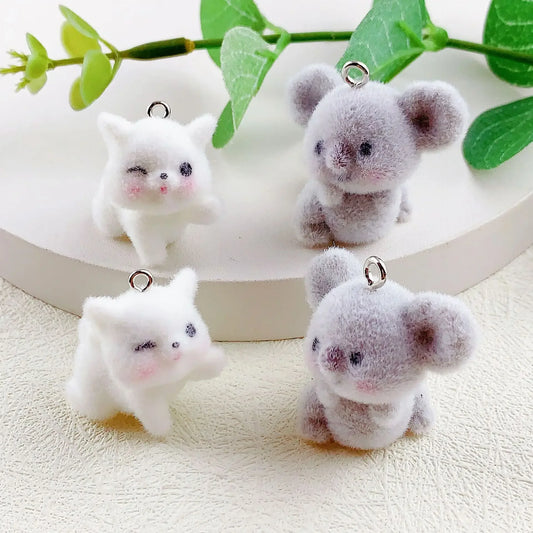 20Pcs 3D Cute Flocking Koala Charms Cartoon Animal Cat Plush Resin Pendant Phone Keychain Necklace Earrings Bag DlY Jewelry Make