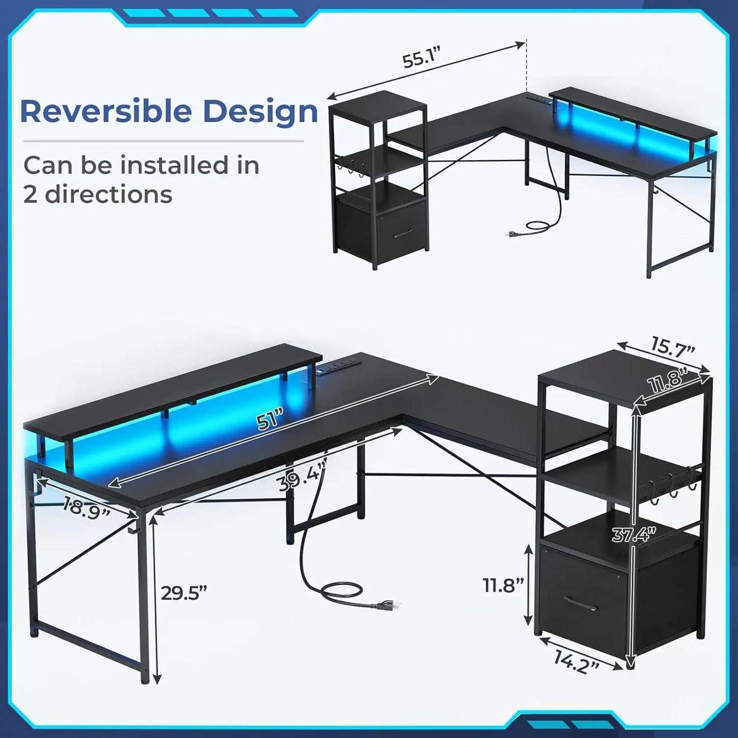 L-Shaped Gaming Desk with Storage, Power Outlets, and LED Lights