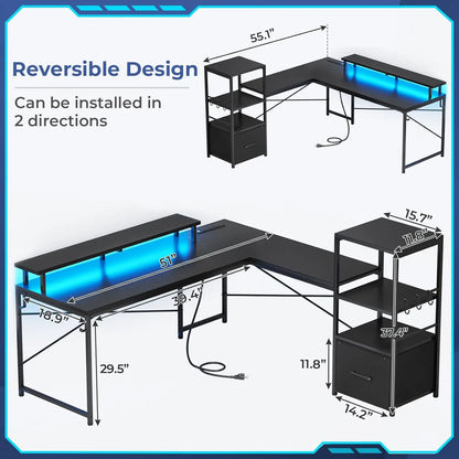 L-Shaped Gaming Desk with Storage, Power Outlets, and LED Lights