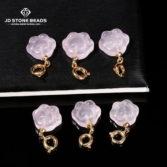 1 Pc Natural Pink Quartz Carved Cat Paw Shape Copper Buckle Pendant Cartoon Cute Charm For Jewelry Making Diy Necklace Bracelet