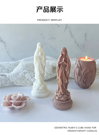 Virgin Mary scented candle. Creative shooting props. Holiday gift candle. Styling scented candles. Home furnishings.