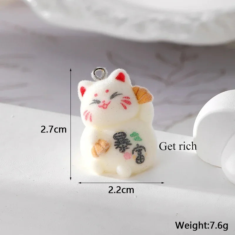 20Pcs 3D Cute Flocked Lucky Cat Charms Cartoon Animal Cat Resin Pendant For Phone Bag Keychain Necklace Earring DlY Jewelry Make