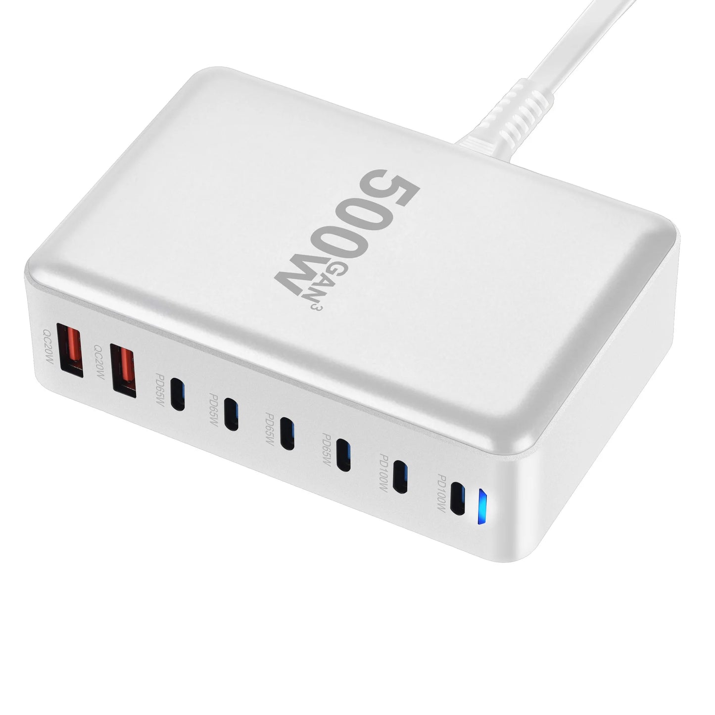 500W GaN Desktop Charger 8-Port USB PD Charger Quick Charge 3.0 USB Type C Fast Charger Mobile USB Charger for iPhone 16 MacBook