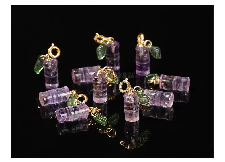 1 Pc Natural Amethyst Carved Bamboo Shape Copper Buckle Pendant Lucky Charms For Jewelry Making Diy Necklace Bracelet Accessory