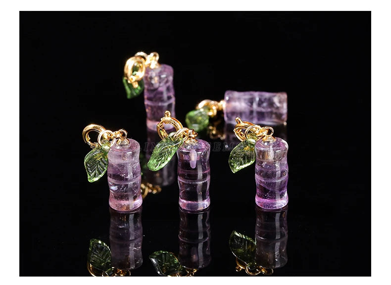 1 Pc Natural Amethyst Carved Bamboo Shape Copper Buckle Pendant Lucky Charms For Jewelry Making Diy Necklace Bracelet Accessory