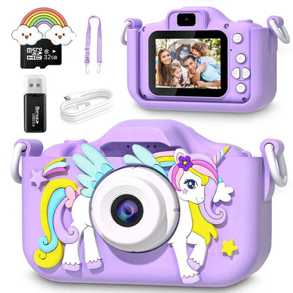 Kids Mini Camera Cartoon Unicorn Toys for Girls Boys Birthday Gifts 1080P HD 2Inch Screen with 32G SD Card Record Life Camera