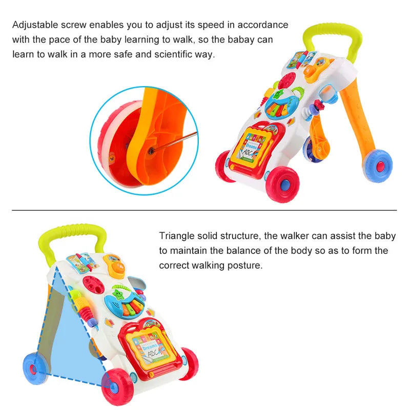 Infant Children Walker Trolley Music Walker Adjustable Speed Anti-Rollover Baby Learn to Walk Stroller Toys