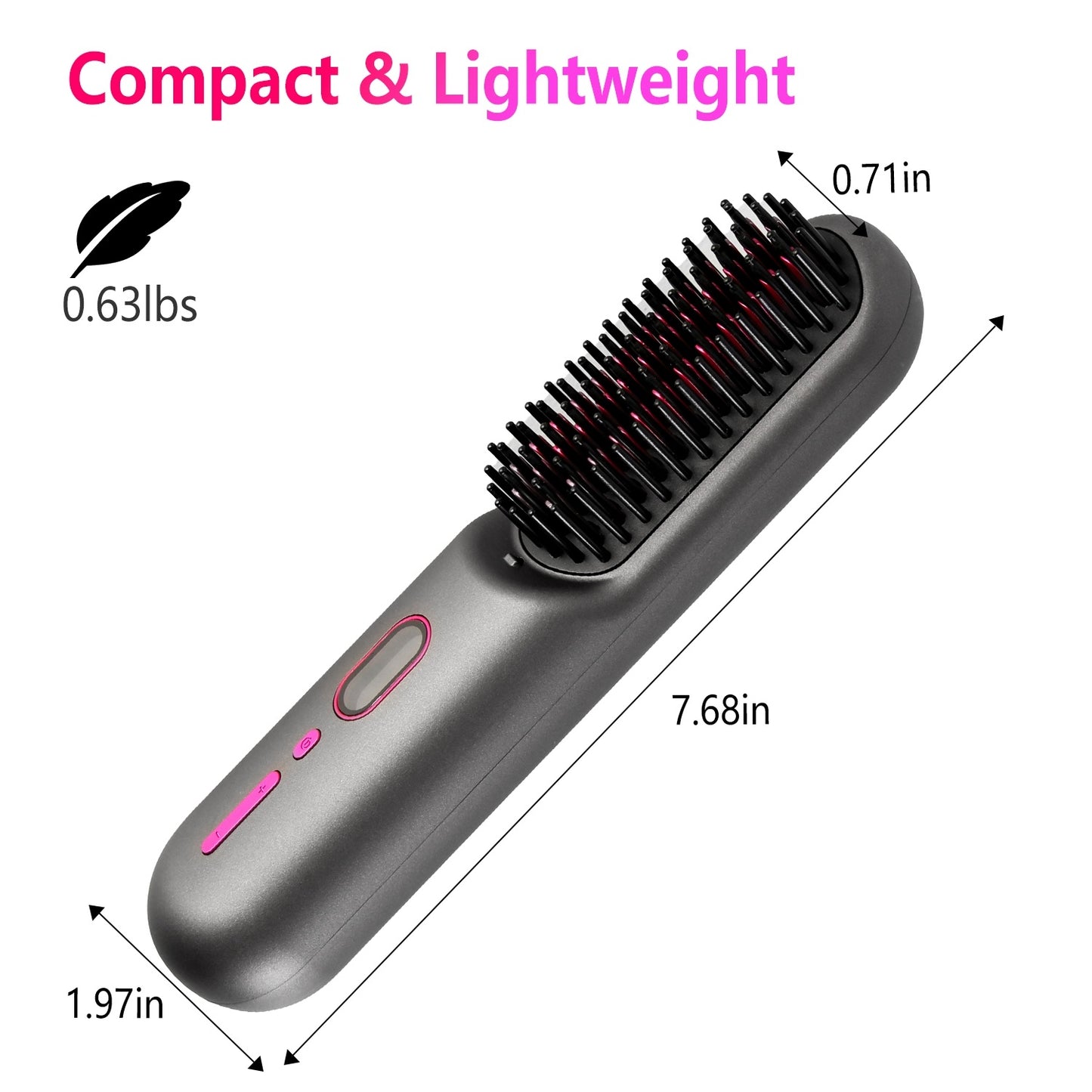 Grey-Black Options -- 1Pc Cordless Negative Ion Hair Straightener Brush Rechargeable Mini Styling Comb With 12 Heating Levels Anti-scald 30S Preheating 30Mins Auto Sleep LCD Display