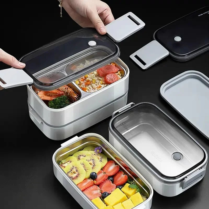 304 Stainless Steel Lunch Box for Adults Kids School Office 1/2 Layers Microwavable Portable Grids Bento Food Storage Containers