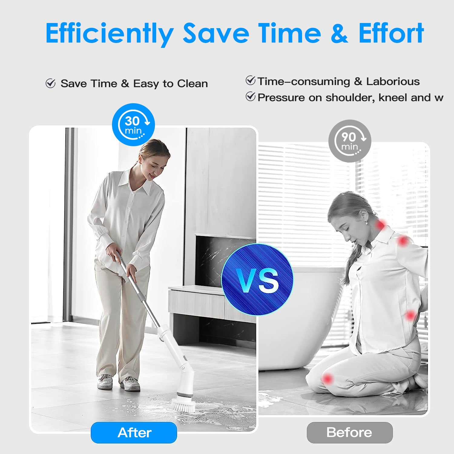 1Set Electric Spin Scrubber Cordless Rechargeable Telescopic Cleaning Brush 6 Replaceable Heads 2 Speed Adjustable Extension Arm Bathroom Tub Tile Floor