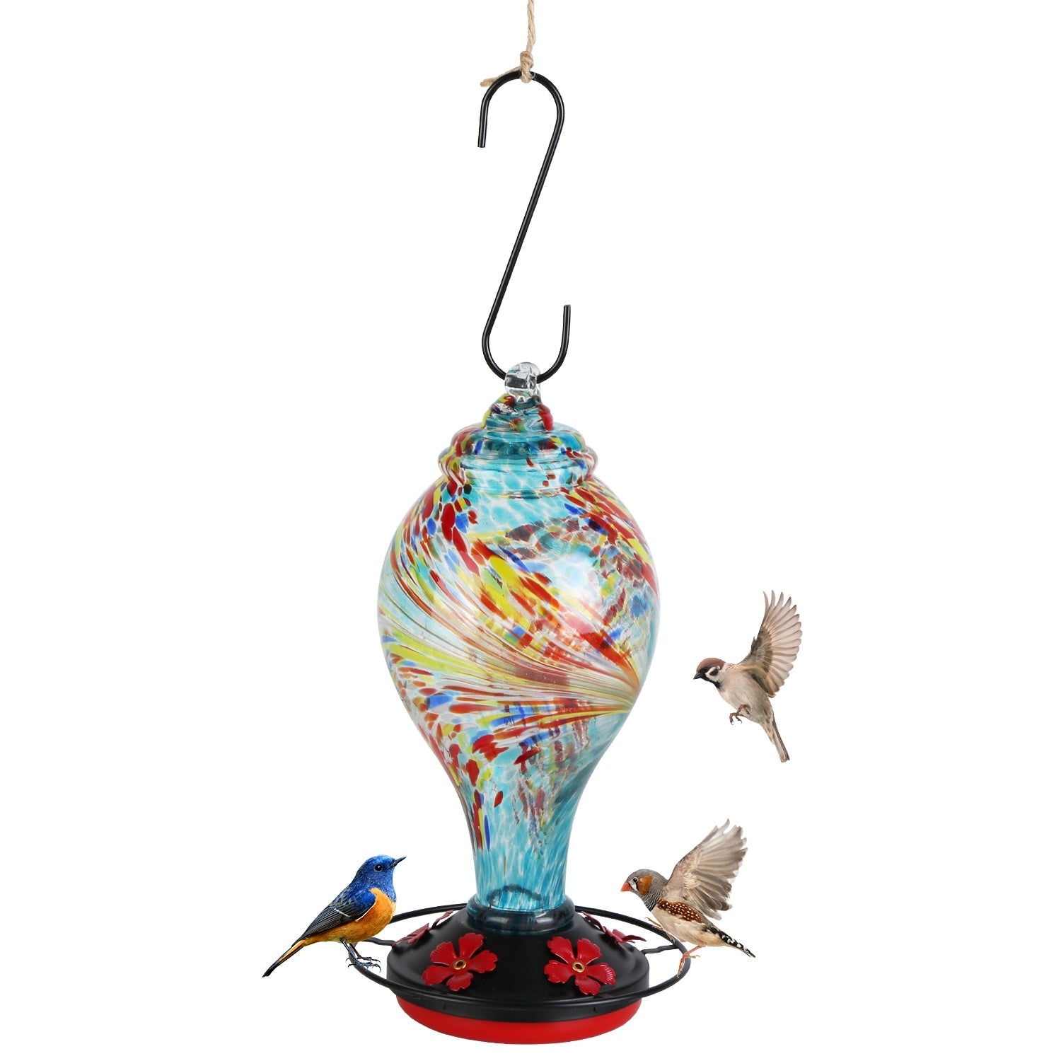 1Pc Glass Hummingbird Feeder 33OZ Hand Blown Hummingbird Feeder With 5 Flower Feeding Port Perch Ant Moat Hanging Hook S Hook Hemp Rope Cleaning Brush For Garden Decor
