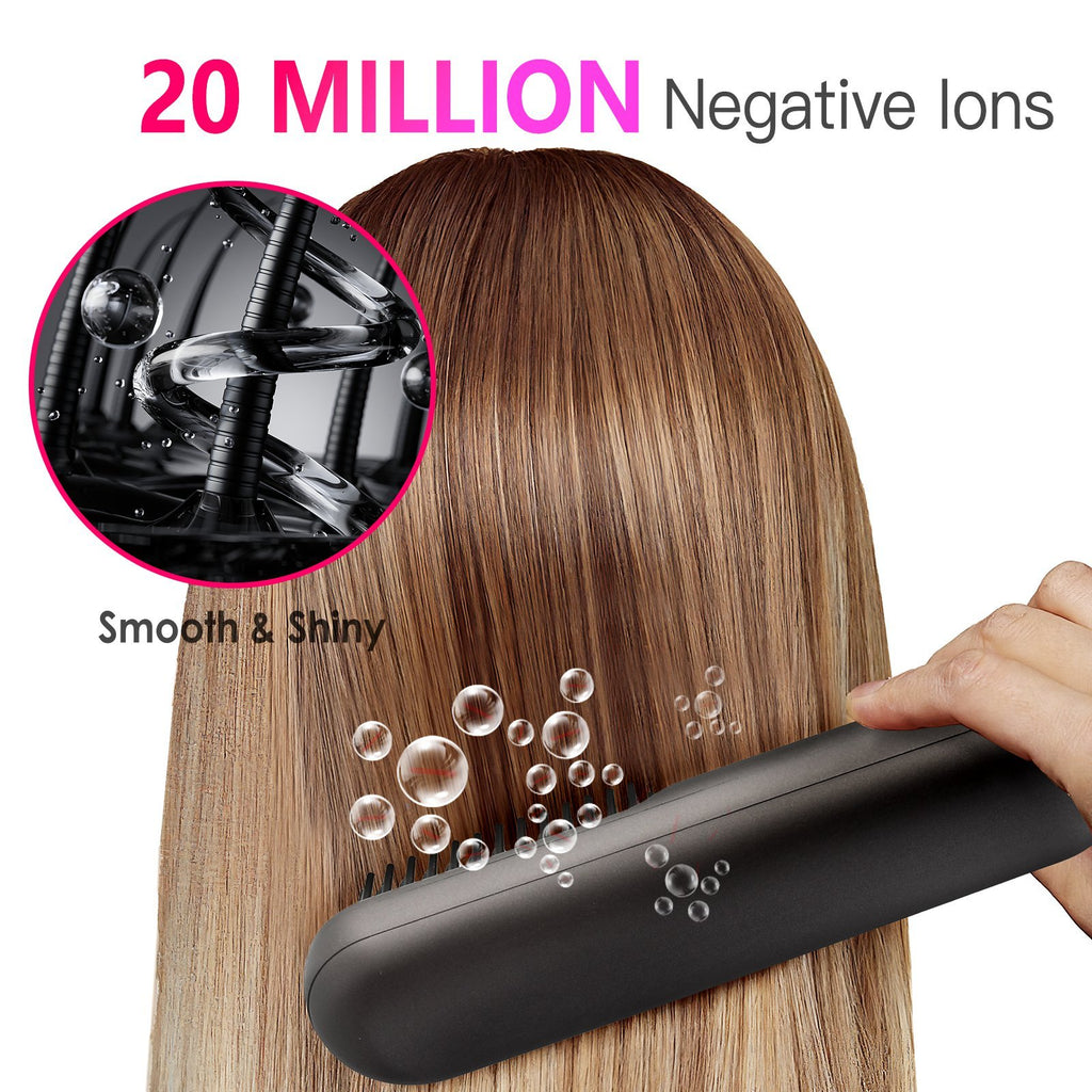 Grey-Black Options -- 1Pc Cordless Negative Ion Hair Straightener Brush Rechargeable Mini Styling Comb With 12 Heating Levels Anti-scald 30S Preheating 30Mins Auto Sleep LCD Display