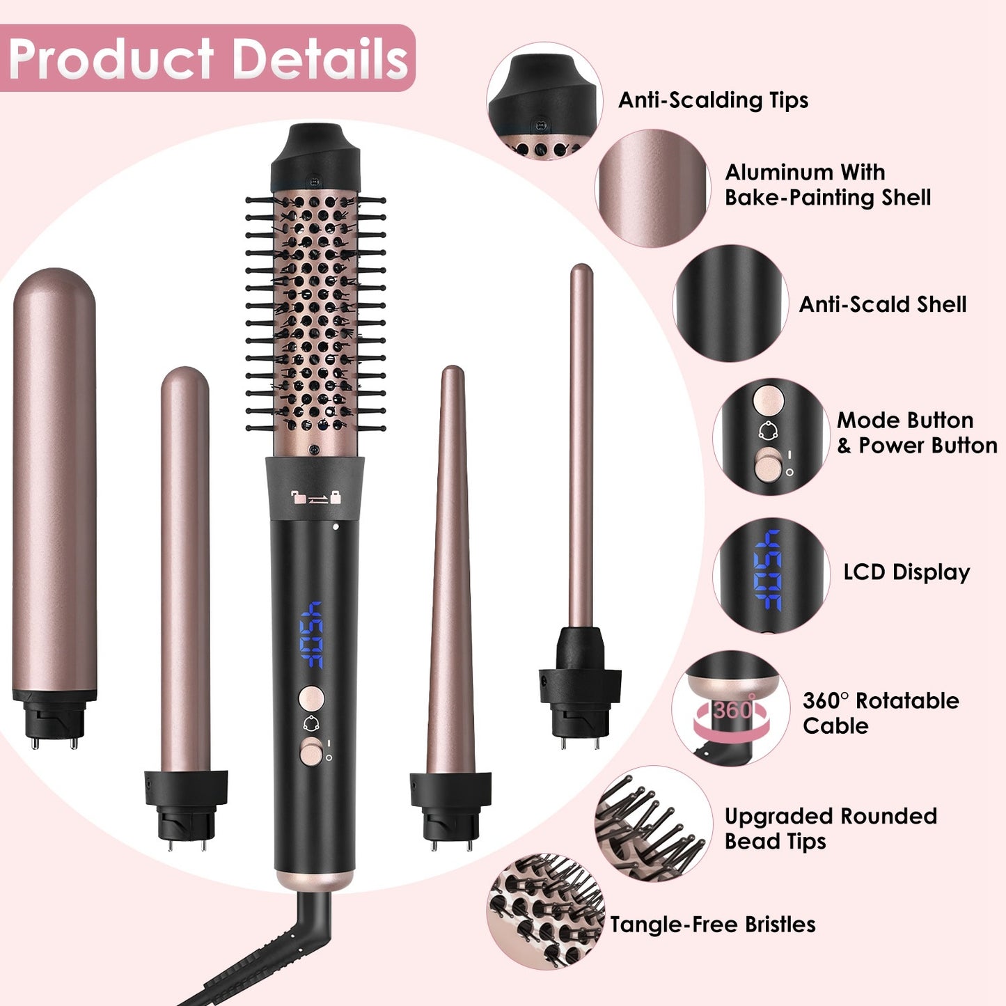 2 Type Options--1Pc 5 In 1 Curling Wand Hair Curling Iron Brush Anti-Tangle Hair Thermal Brush Curler With 4 Heating Levels 360 Degree Rotatable Cable 5 Interchangeable Barrels 2 Clips 1H Auto Off