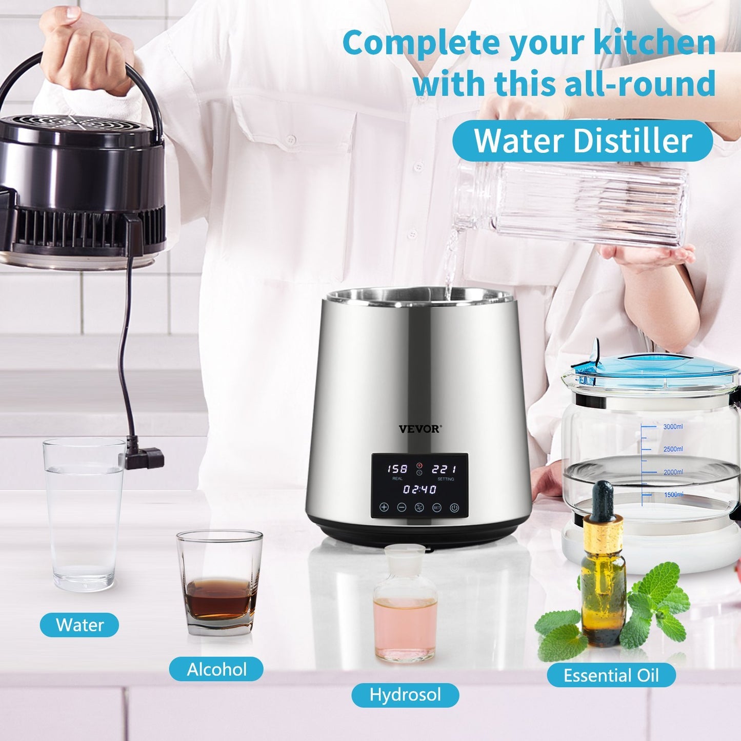 4L Water Distiller Distilled Water Maker Timing Dual-Temp Silver