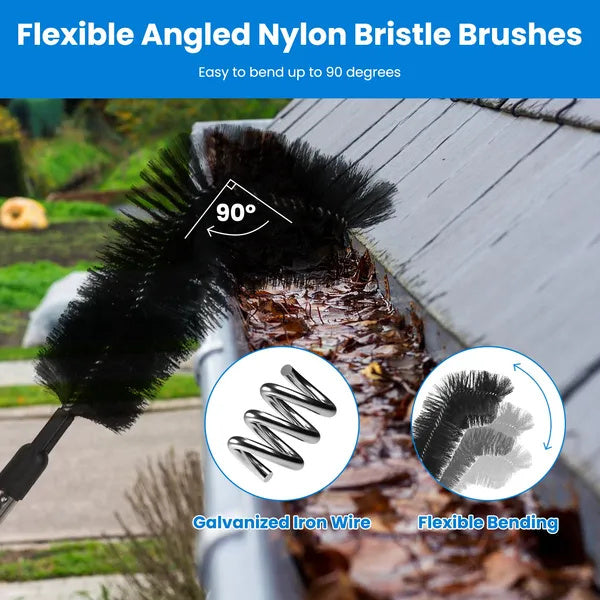11.5FT Gutter Cleaning Brush With Telescoping Handle Rain Gutter Cleaner Extendable Gutter Cleaning Tool From The Ground With 2 Angled Brushes Anti-slip Gloves Goggles GPCT5351