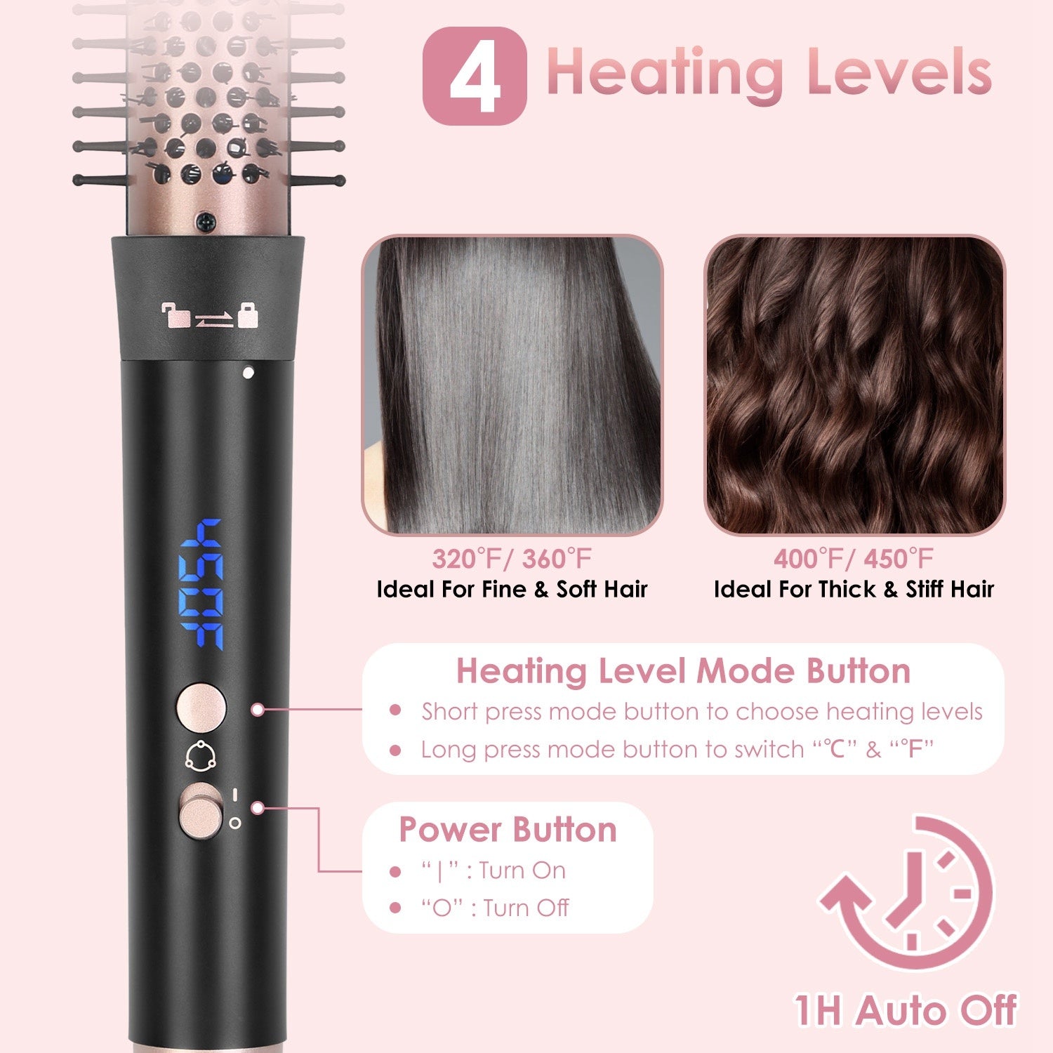 2 Type Options--1Pc 5 In 1 Curling Wand Hair Curling Iron Brush Anti-Tangle Hair Thermal Brush Curler With 4 Heating Levels 360 Degree Rotatable Cable 5 Interchangeable Barrels 2 Clips 1H Auto Off