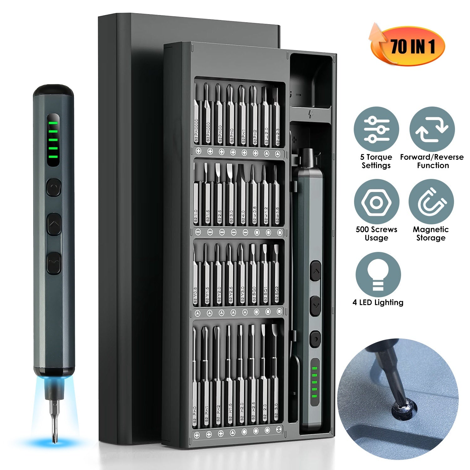 1Set 70 In 1 3.7V Mini Electric Screwdriver Kit Rechargeable Magnetic Repair Tool Kit With 5 Torque Settings 64 S2 Precision Bits 4 LED Lights For Phone Camera Laptop Watch Repair