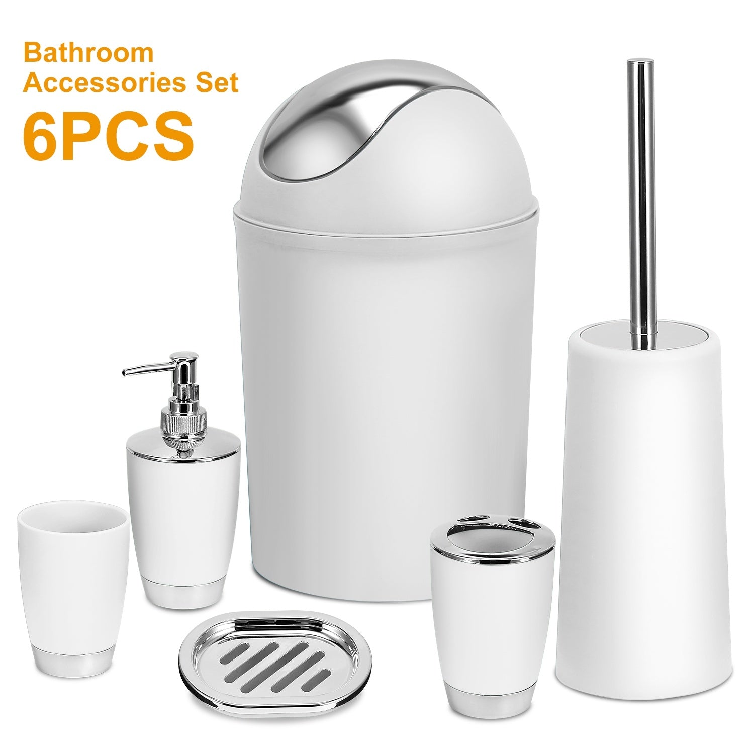 Bathroom Accessories Set 6 Pcs Bathroom Set Ensemble Complete Soap Dispenser Toothbrush Holder Tumbler Soap Dish Toilet Cleaning Brush Trash Can