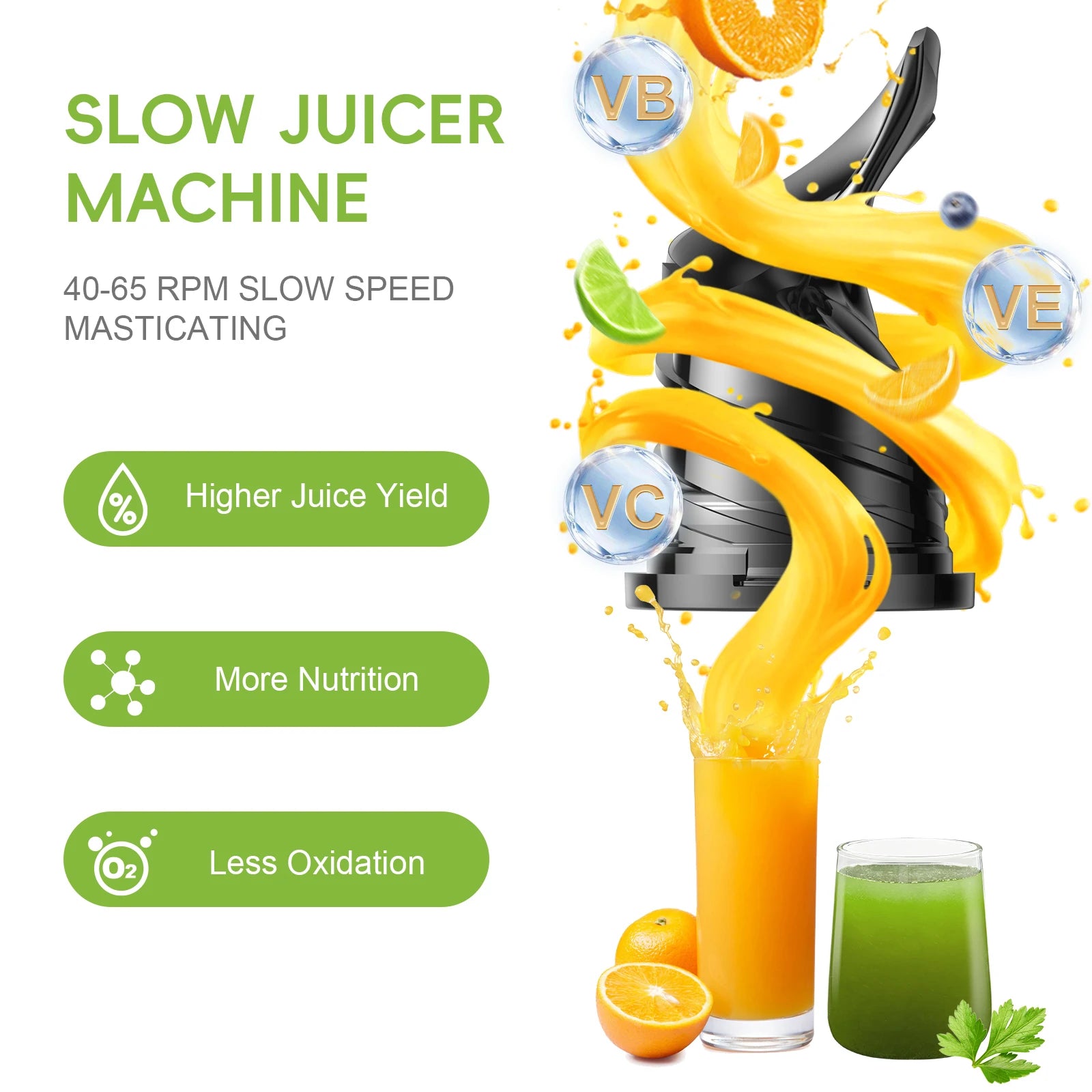 Cold Press Juicer,With 130Mm Feed Chute,Fit Whole Fruits & Vegetables,High Juice Yield,Bpa FREE Slow Masticating Juicer