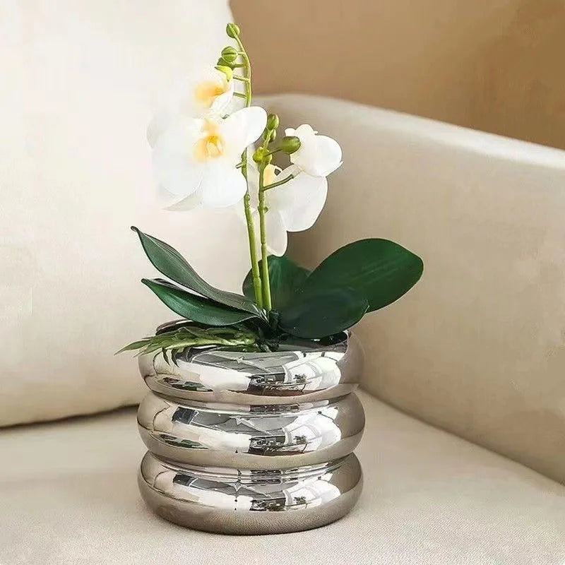 Simple Ceramic Flowerpot Office Desktop Green Plant Flowerpot Wind Silver Small Vase Flower Arrangement Decor Desktop Ornament