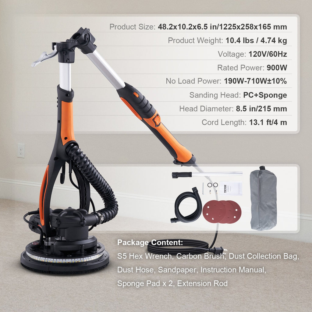 VEVOR Drywall Sander 900W Brush Motor 800-1800RPM Variable Speed & Self-Suction
