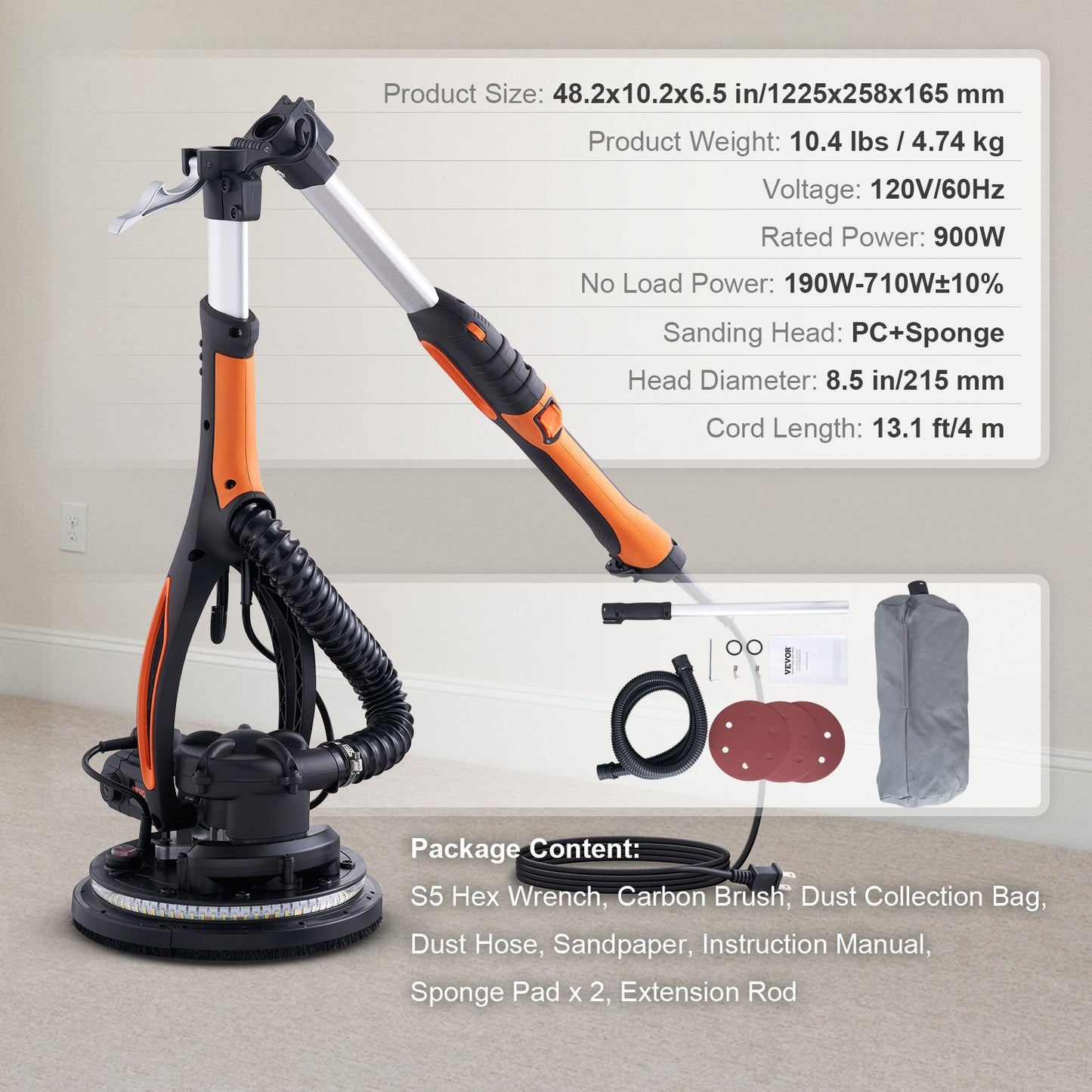 VEVOR Drywall Sander 900W Brush Motor 800-1800RPM Variable Speed & Self-Suction