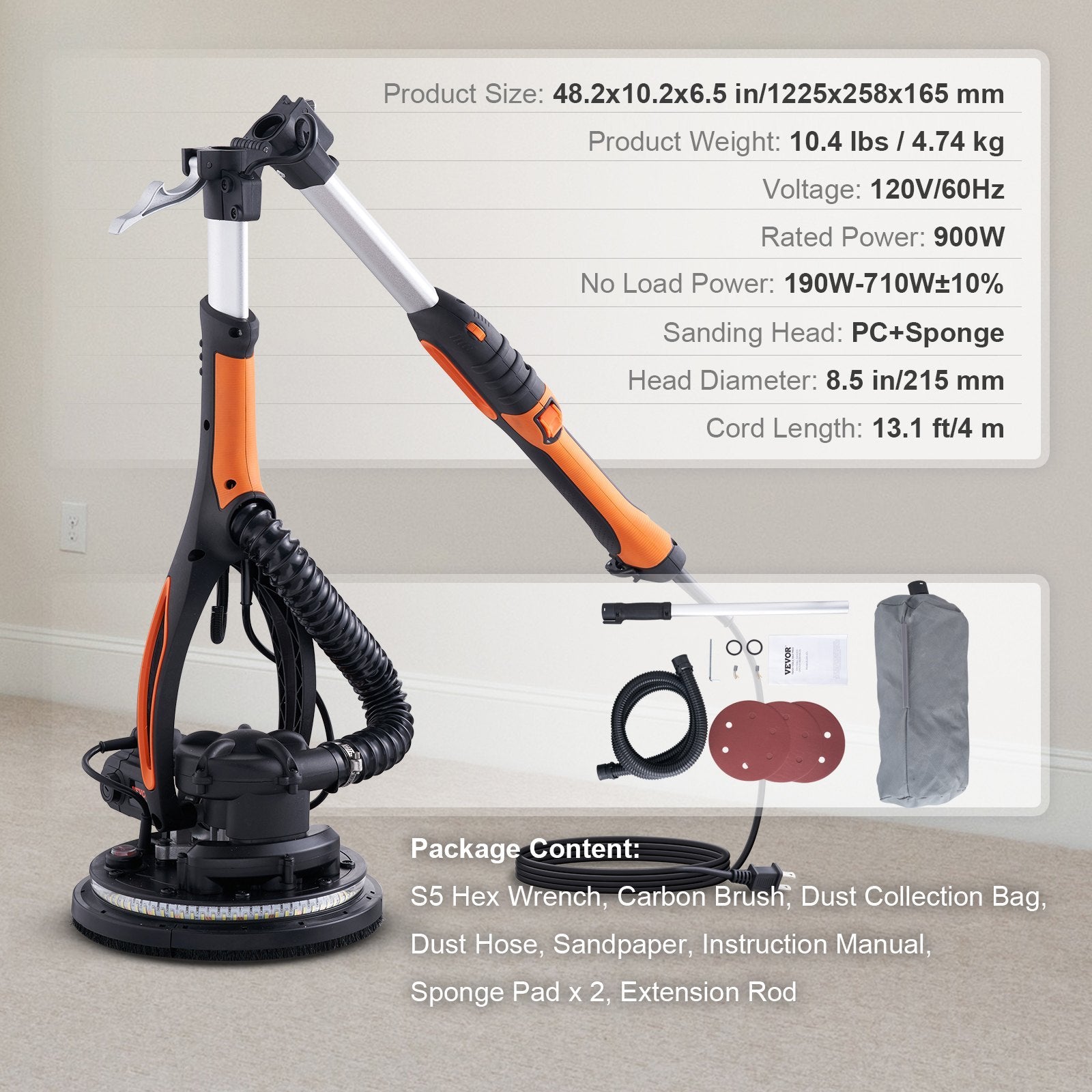 VEVOR Drywall Sander 900W Brush Motor 800-1800RPM Variable Speed & Self-Suction