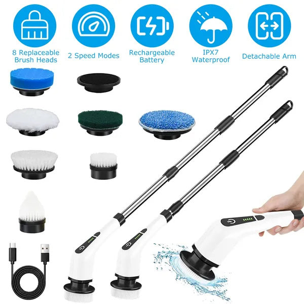 Electric Spin Scrubber Cordless Cleaning Brush Extendable With 8 Replaceable Heads 2 Speed Adjustable Extension Arm Bathroom Tub Tile Floor