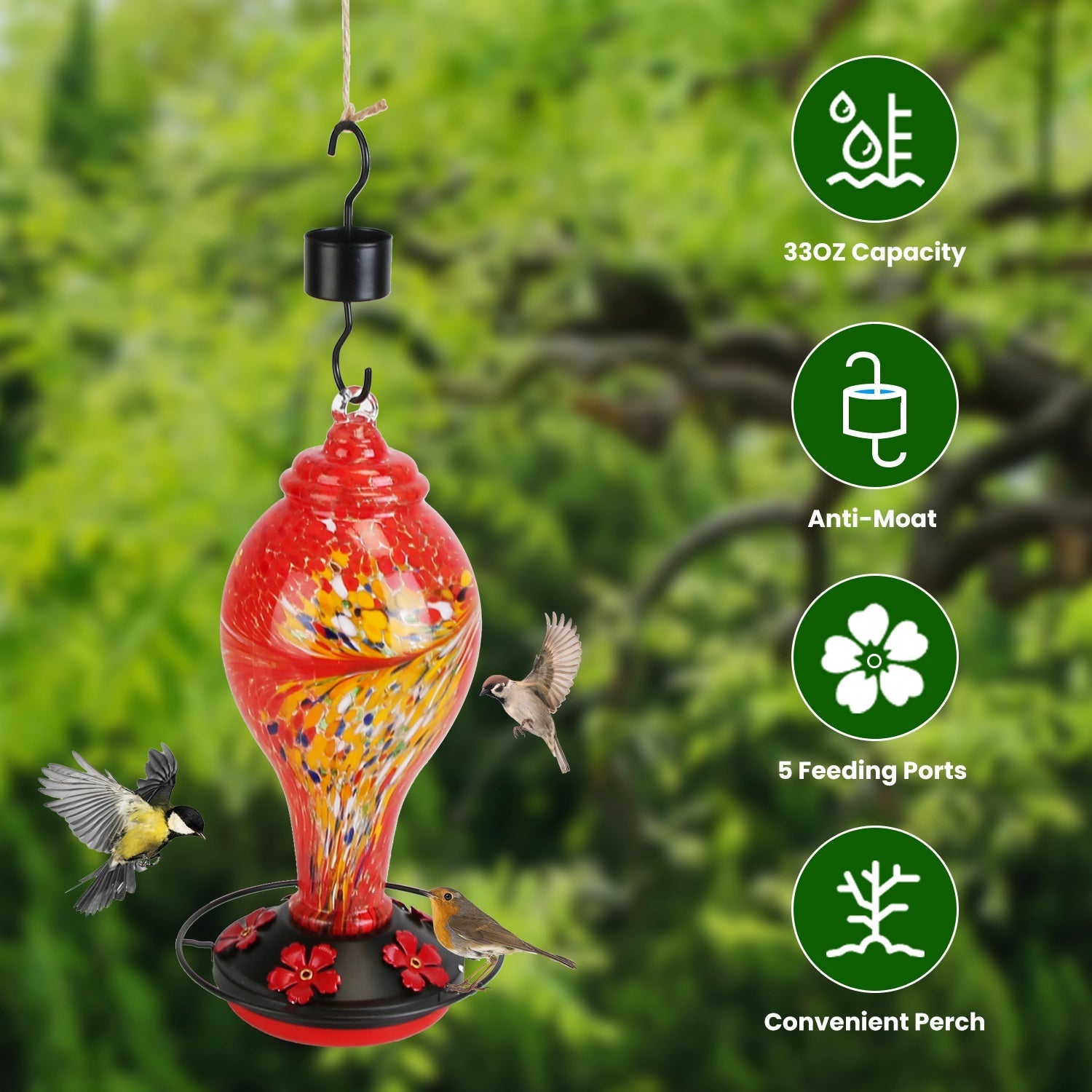 1Pc Glass Hummingbird Feeder 33OZ Hand Blown Hummingbird Feeder With 5 Flower Feeding Port Perch Ant Moat Hanging Hook S Hook Hemp Rope Cleaning Brush For Garden Decor