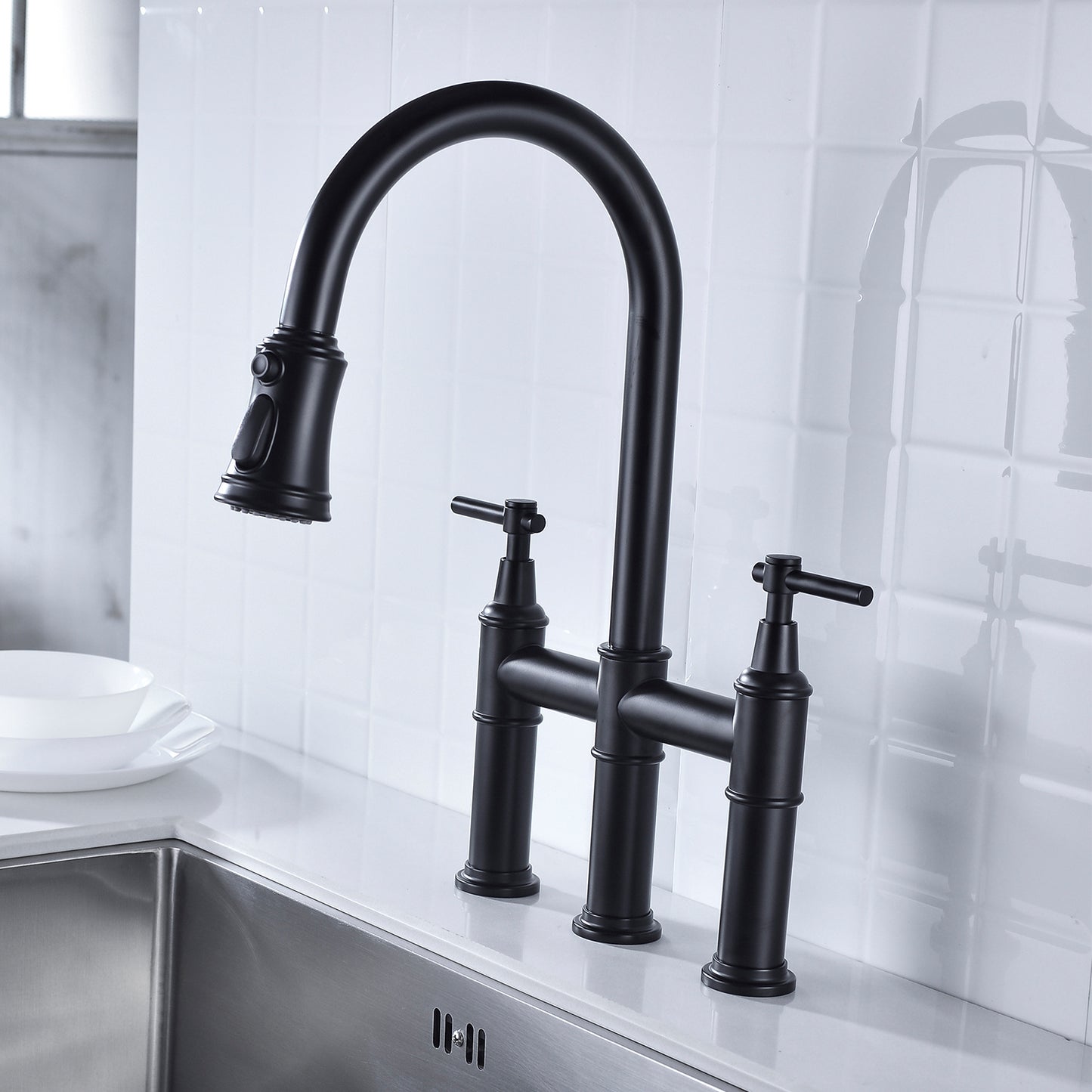 Pull Down Dual Handle Kitchen Faucet