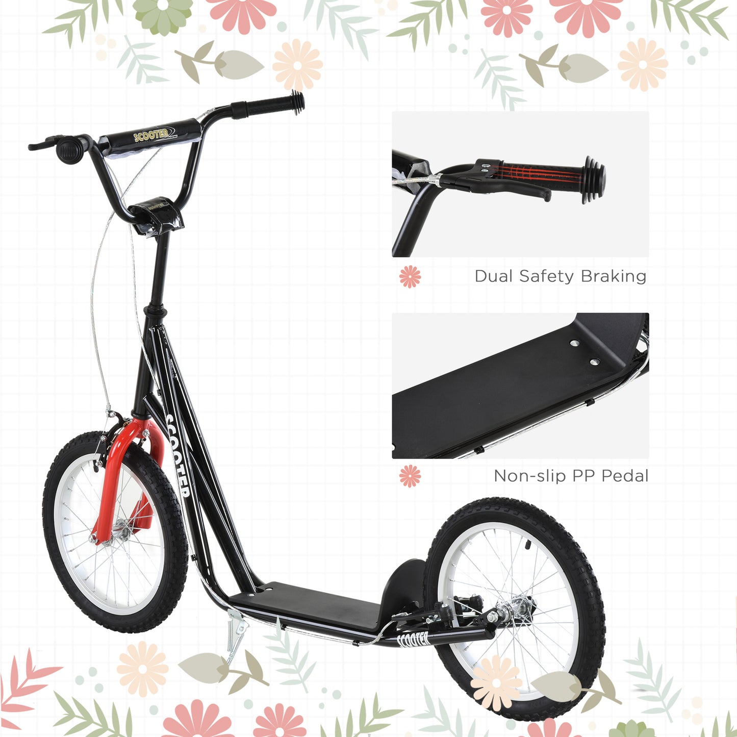 Kids Kick Scooter, Black, Adjustable Handlebar, Dual Rear Brakes, Inflatable Wheels