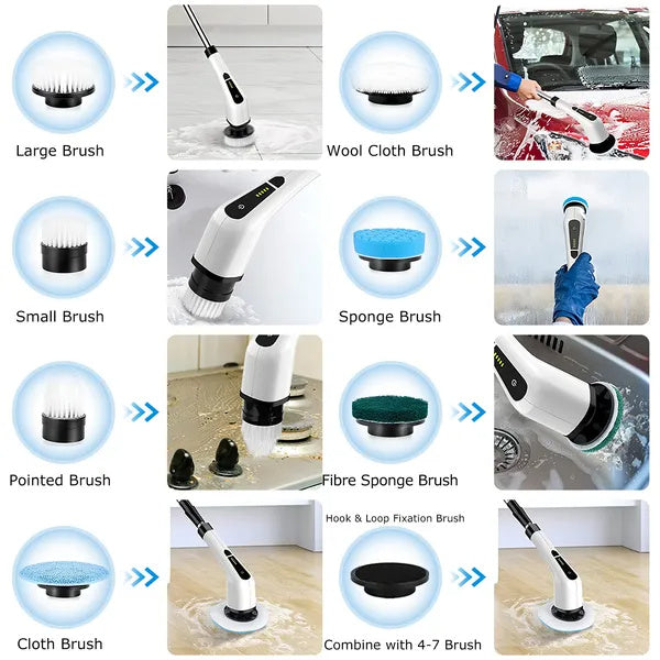 Electric Spin Scrubber Cordless Cleaning Brush Extendable With 8 Replaceable Heads 2 Speed Adjustable Extension Arm Bathroom Tub Tile Floor