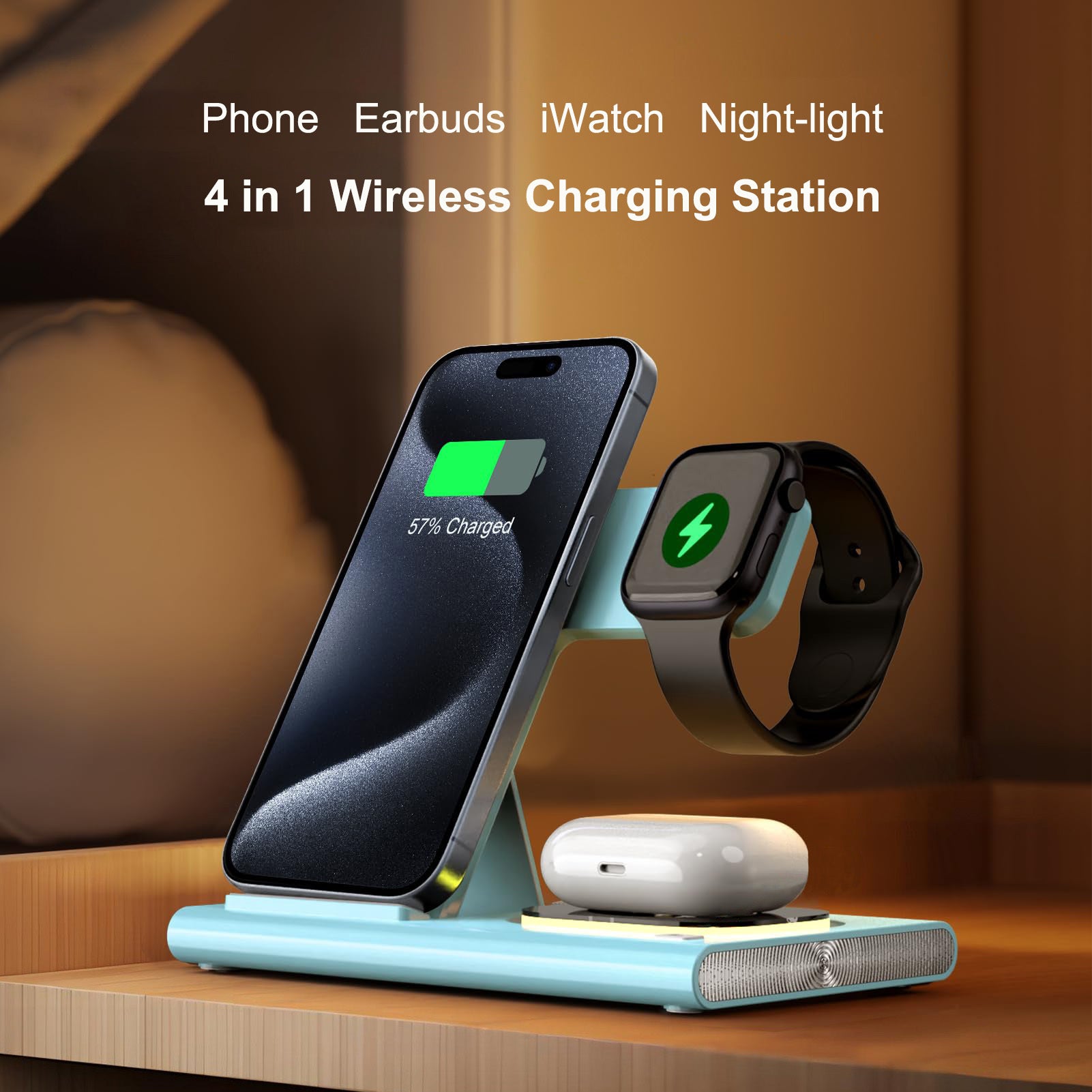 Wireless Charger Station, 4 In 1 Foldable 15W Fast Charging Wireless Charging Station With Night Light For IPods IWatch