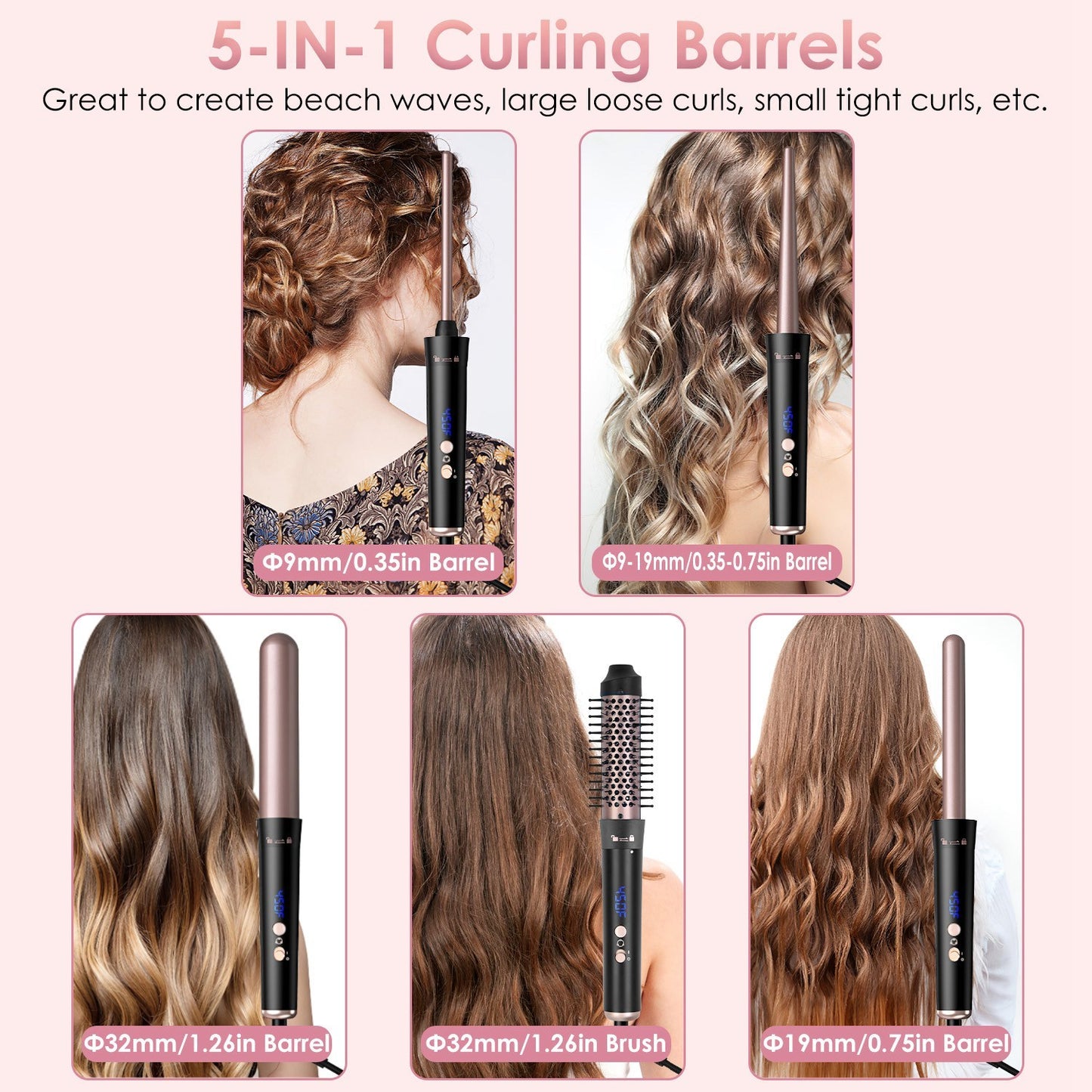2 Type Options--1Pc 5 In 1 Curling Wand Hair Curling Iron Brush Anti-Tangle Hair Thermal Brush Curler With 4 Heating Levels 360 Degree Rotatable Cable 5 Interchangeable Barrels 2 Clips 1H Auto Off