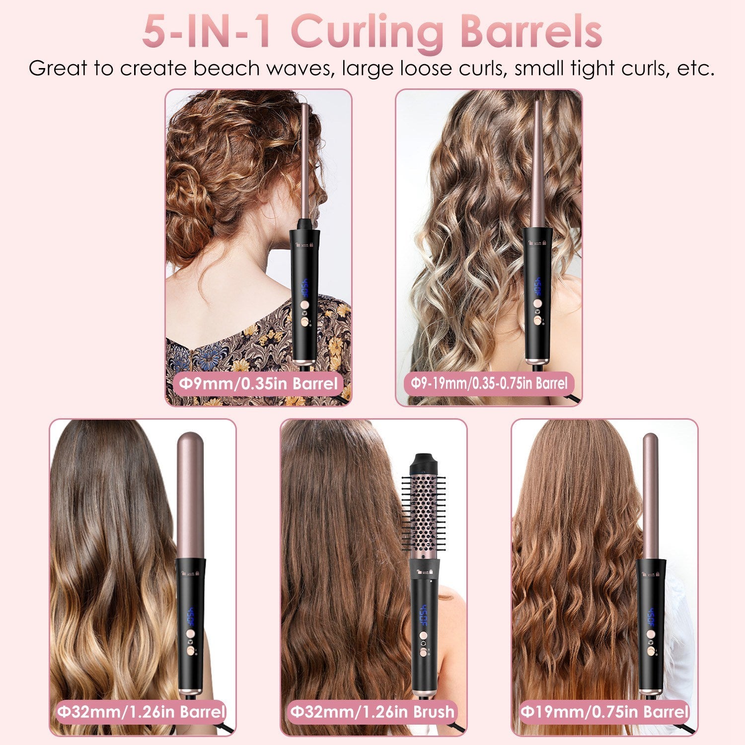 2 Type Options--1Pc 5 In 1 Curling Wand Hair Curling Iron Brush Anti-Tangle Hair Thermal Brush Curler With 4 Heating Levels 360 Degree Rotatable Cable 5 Interchangeable Barrels 2 Clips 1H Auto Off