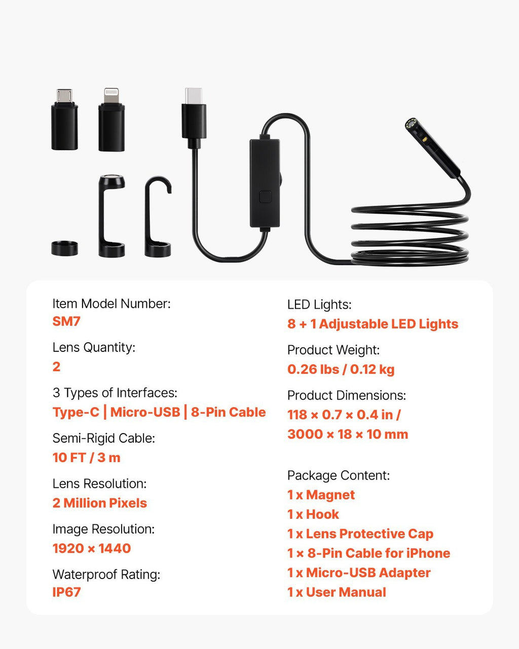 Dual Lens Borescope Endoscope Camera For Android IOS  10FT Snake Cable