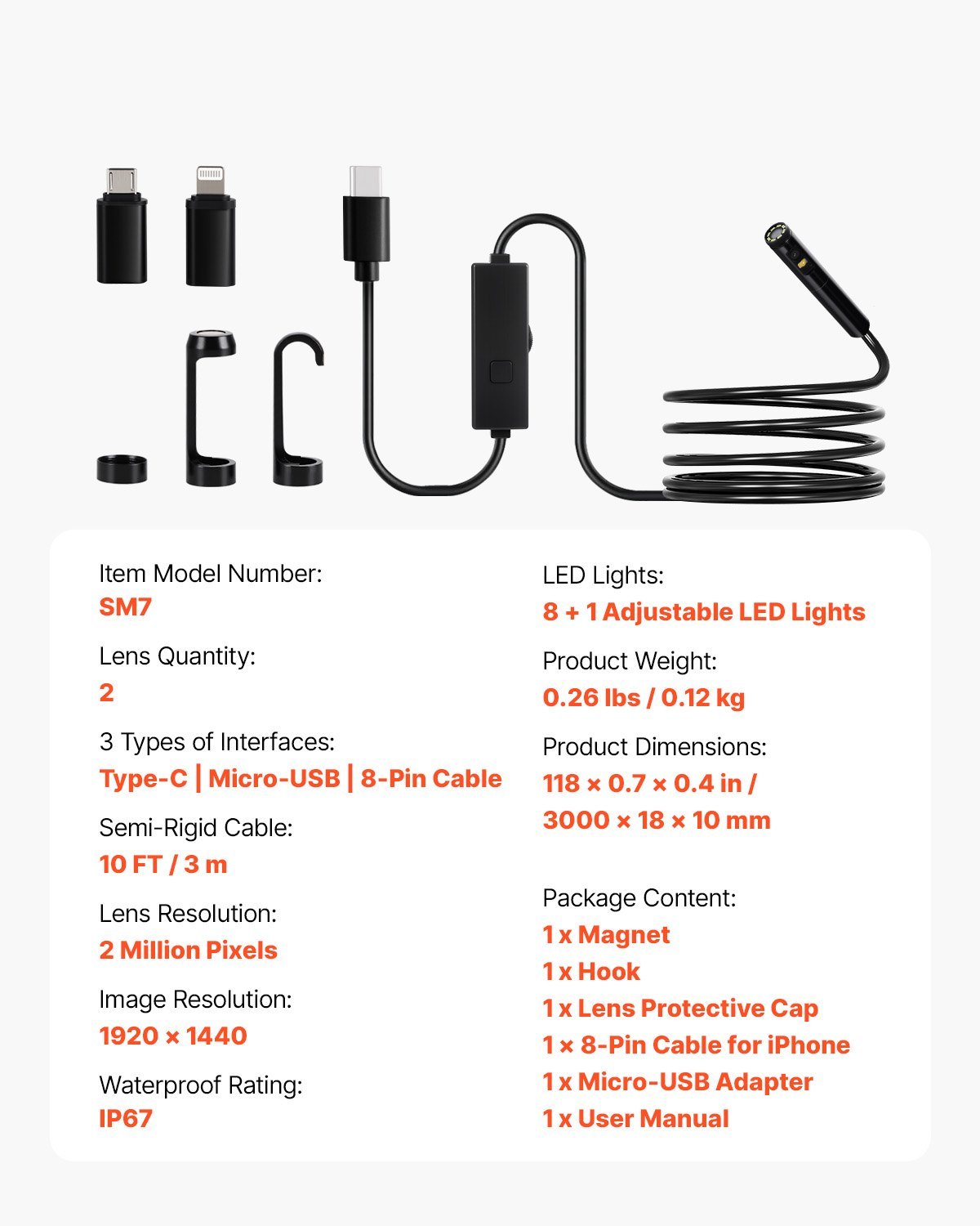 Dual Lens Borescope Endoscope Camera For Android IOS  10FT Snake Cable