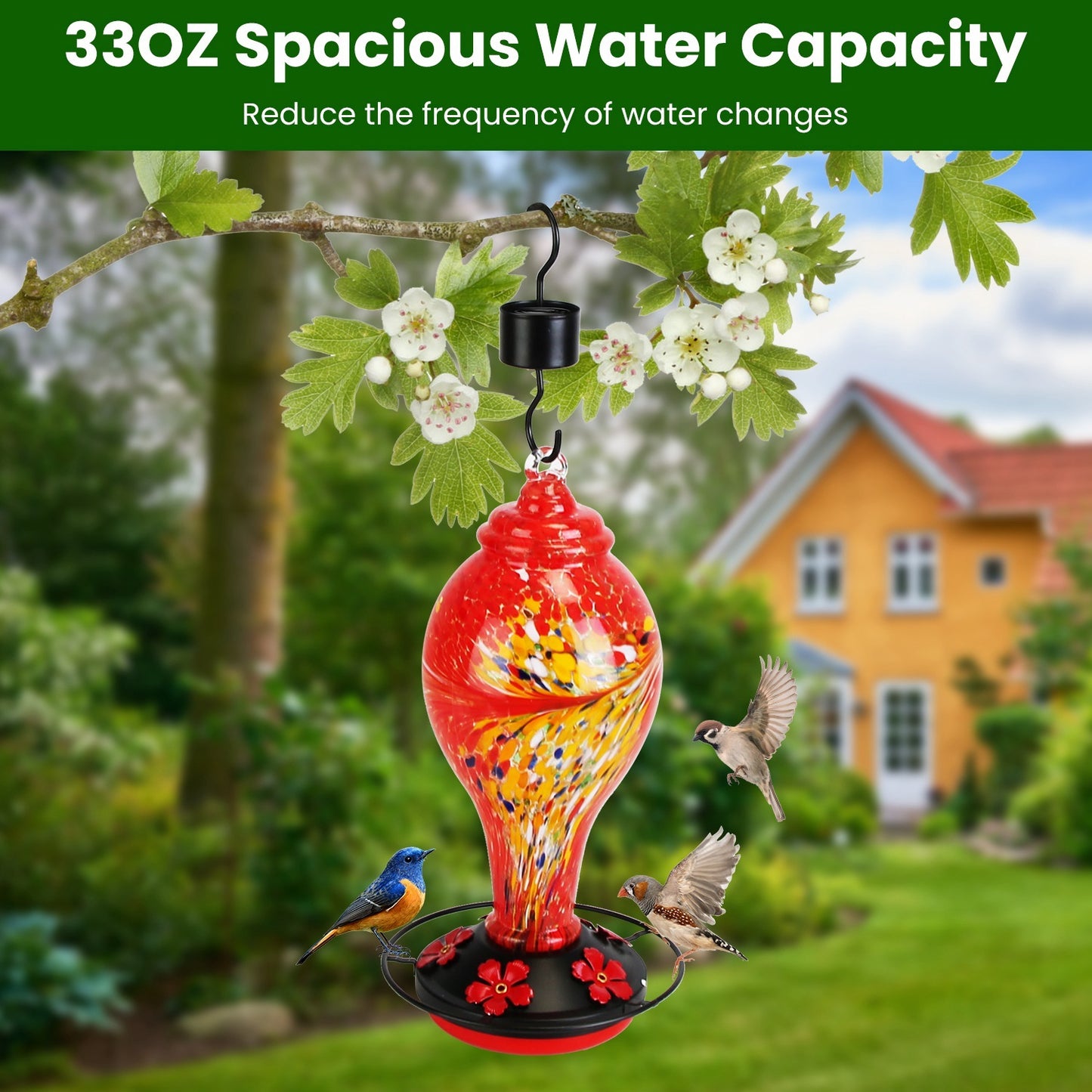 1Pc Glass Hummingbird Feeder 33OZ Hand Blown Hummingbird Feeder With 5 Flower Feeding Port Perch Ant Moat Hanging Hook S Hook Hemp Rope Cleaning Brush For Garden Decor