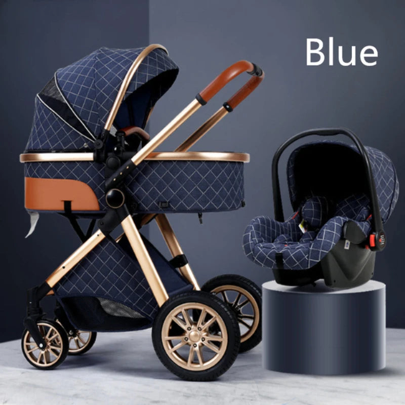 Fashion Baby Stroller 3 in 1 Folding Prams Portable Travel Baby Carriage Luxury Leather High Landscape Baby Car