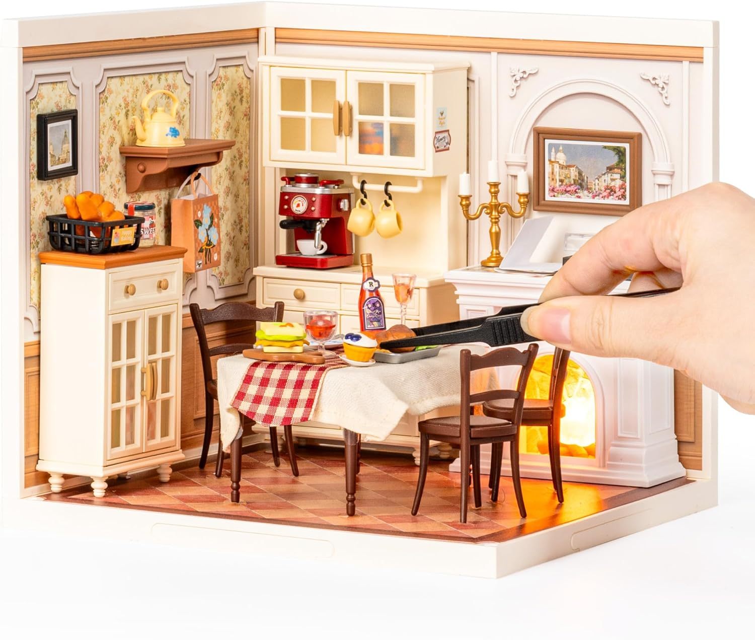 ROBOTIME DIY Miniature House Kit Dollhouse Model Building Craft Kit Birthday Creative Gifts For Adults Kids Girls Boys Warm Dining Room