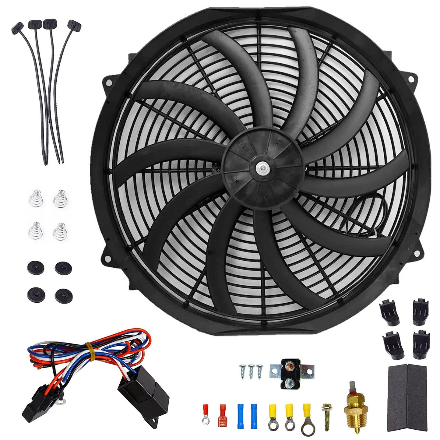 16 Inch Electric Radiator Cooling Fan 12V 120W 10 Blades Car Thermostat Kit With Mounting Kit