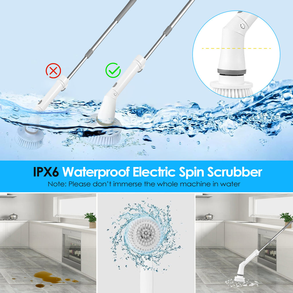 1Set Electric Spin Scrubber Cordless Rechargeable Telescopic Cleaning Brush 6 Replaceable Heads 2 Speed Adjustable Extension Arm Bathroom Tub Tile Floor
