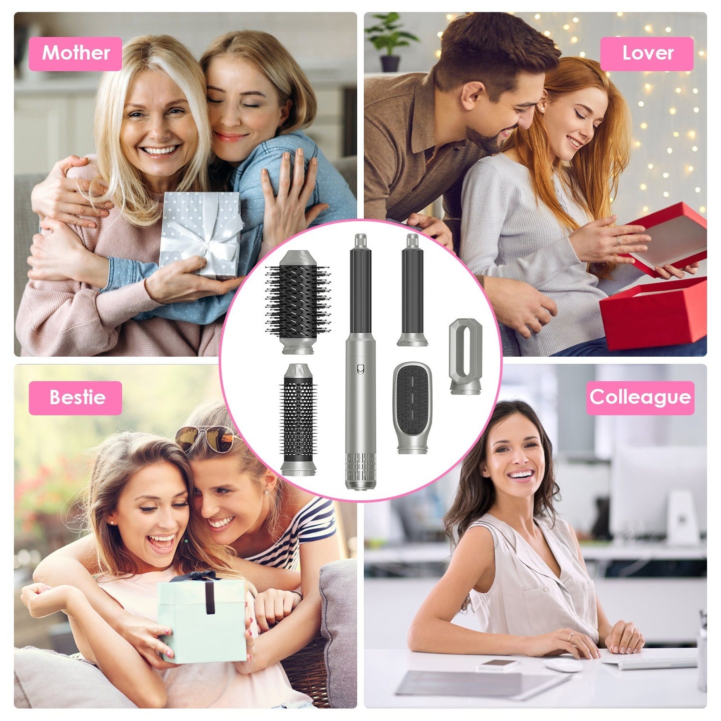 1Pc 6 In 1 Hot Air Styler Volumizer Straightener Curler Dryer Automatic Wrap Styler Hair Dryer Brush Set With 3 Temp Settings ALCI Plug Glove Cable Zip Tie