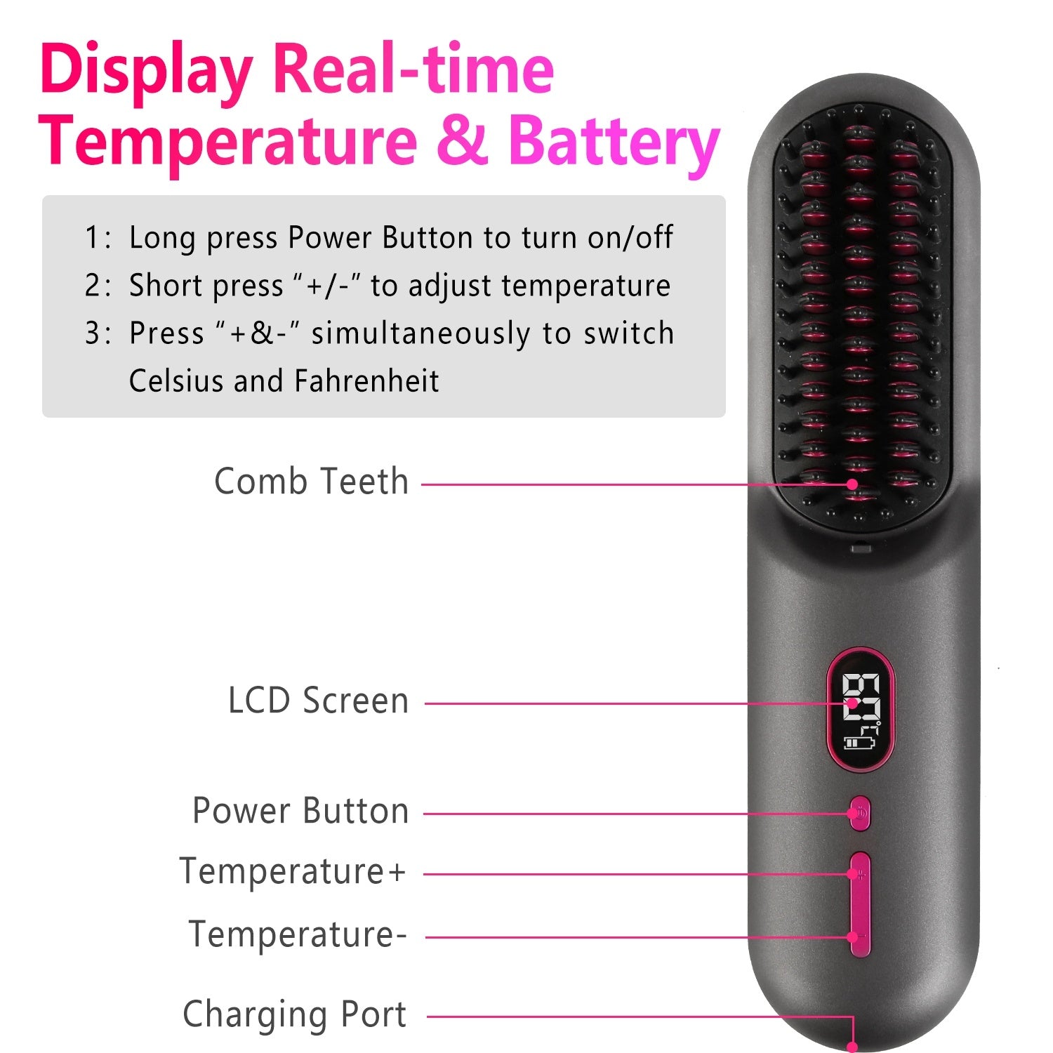 Grey-Black Options -- 1Pc Cordless Negative Ion Hair Straightener Brush Rechargeable Mini Styling Comb With 12 Heating Levels Anti-scald 30S Preheating 30Mins Auto Sleep LCD Display