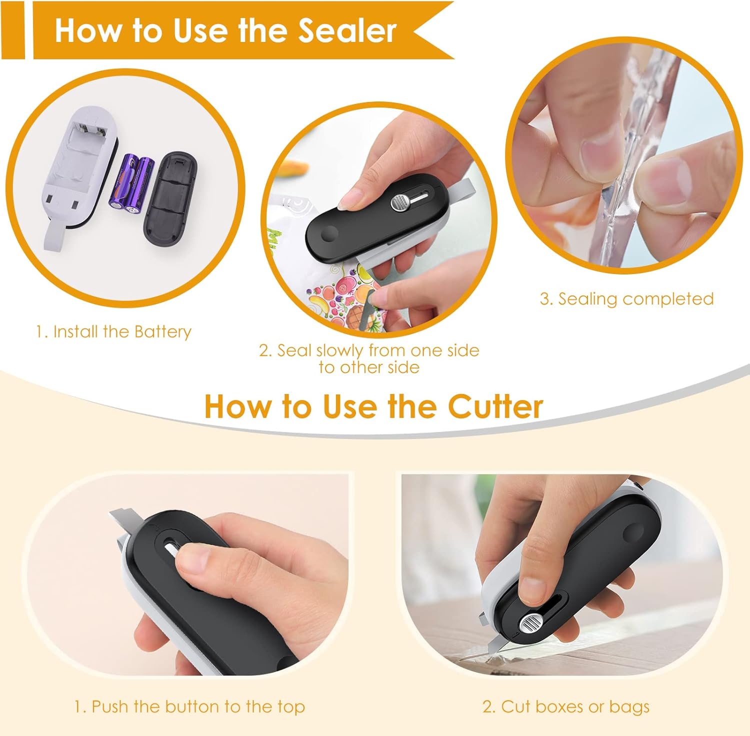 Mini Bag Sealer, 2 in 1 Heat Sealer with Cutter, Portable Resealer Machine for Chip, Plastic Bags Food Storage Snacks (Batteries Included)