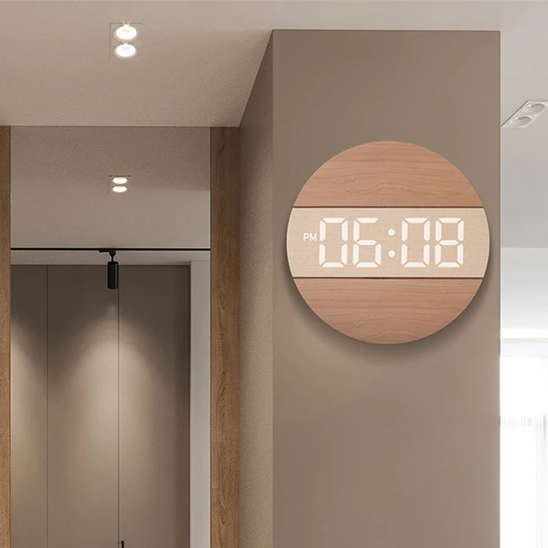 Large Screen Digital Clock Wooden Color 12/24H Household Wall Mounted Clock for Living Room with Automatic Brightness Adjustment