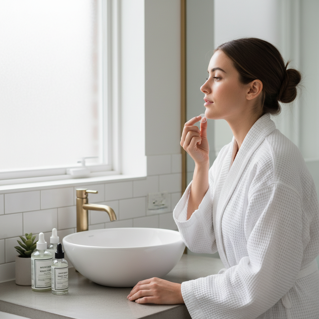 Woman applying hydrocolloid pimple patch lifestyle photo